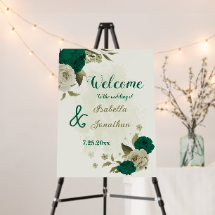 emerald green beige flowers wedding welcome sign