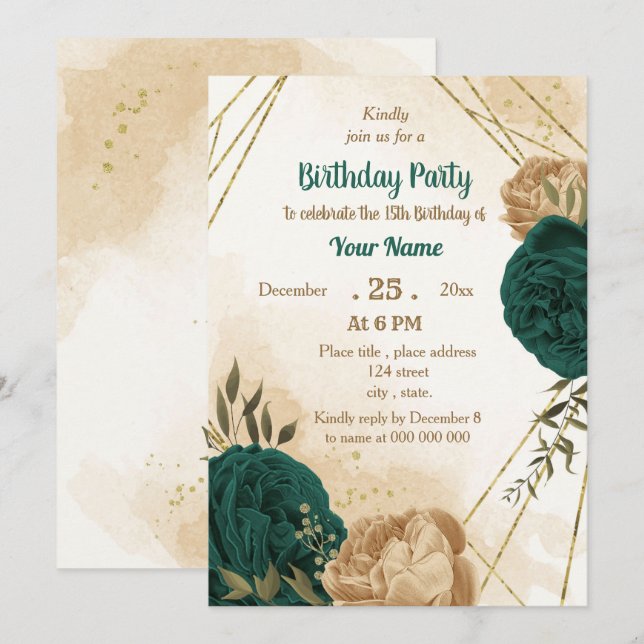 Emerald green beige gold botanical birthday  invitation (Front/Back)