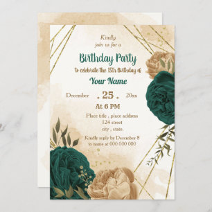 Emerald green beige gold botanical birthday invitation