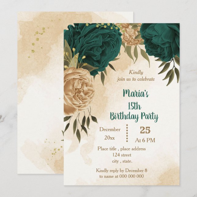 Emerald green beige gold botanical birthday  invitation (Front/Back)