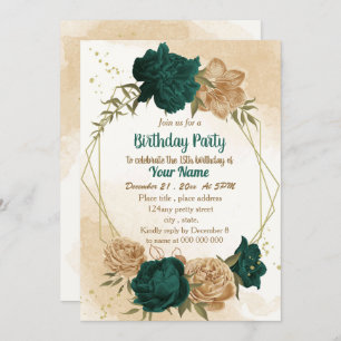 Emerald green beige gold botanical birthday invitation