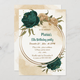 Emerald green beige gold botanical birthday invitation