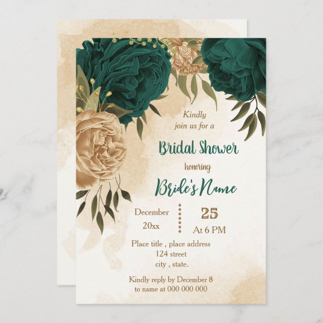 Emerald green beige gold botanical bridal shower invitation (Front/Back)