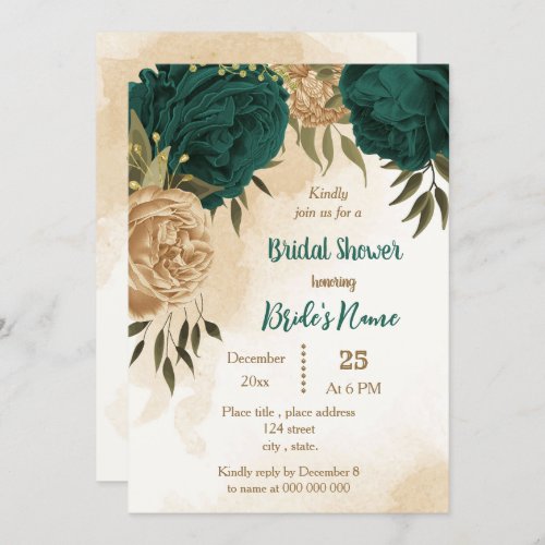 Emerald green beige gold botanical bridal shower invitation