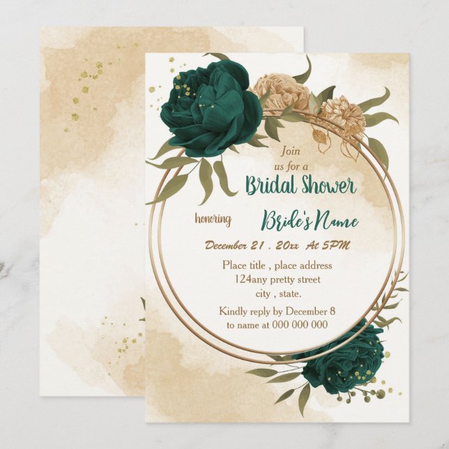 Emerald green beige gold botanical bridal shower invitation (Front/Back)