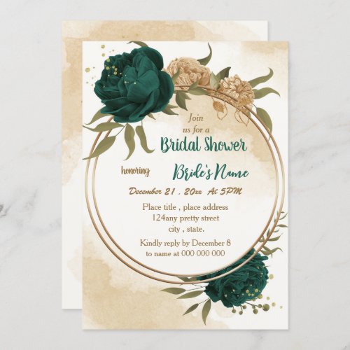 Emerald green beige gold botanical bridal shower invitation