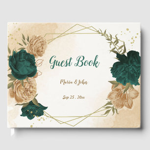 Emerald green beige gold botanical guest book