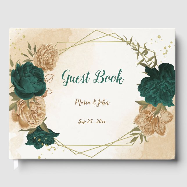 Emerald green beige gold botanical guest book (Front)