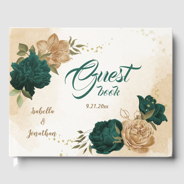 Emerald green beige gold botanical guest book (Front)