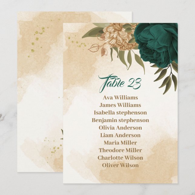 Emerald green beige gold botanical seating chart invitation (Front/Back)