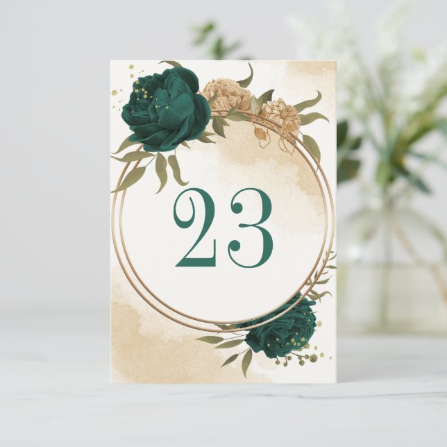 Emerald green beige gold botanical table number (Standing Front)