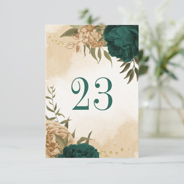 Emerald green beige gold botanical table number (Standing Front)