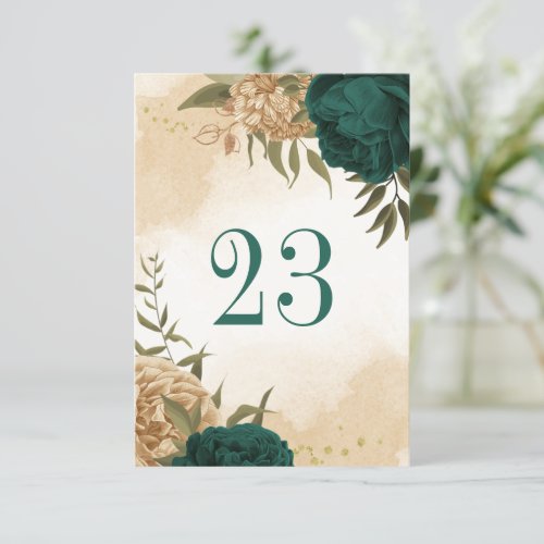 Emerald green beige gold botanical table number