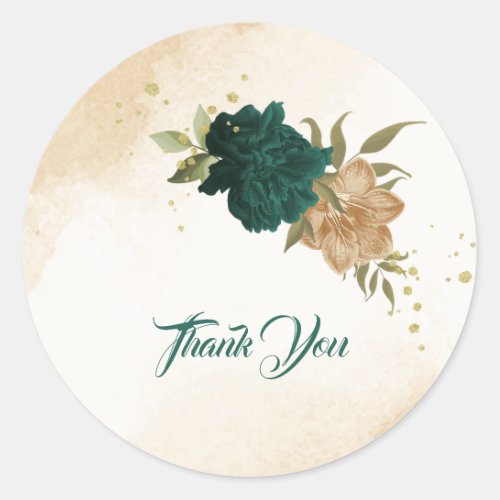 Emerald green beige gold botanical wedding classic round sticker