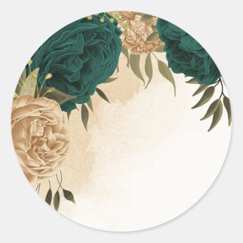Emerald green beige gold botanical wedding classic round sticker