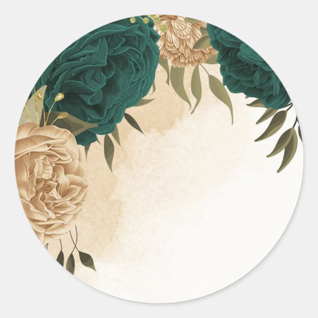 Emerald green beige gold botanical wedding classic round sticker (Front)