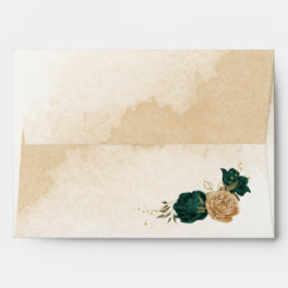 Emerald green beige gold botanical wedding envelope