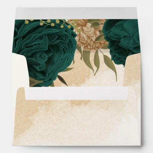 Emerald green beige gold botanical wedding envelope