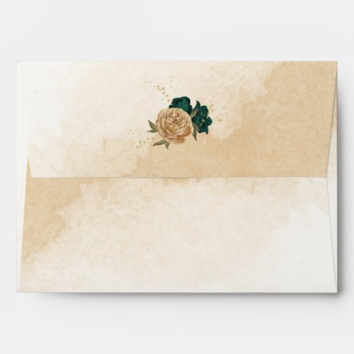 Emerald green beige gold botanical wedding envelope