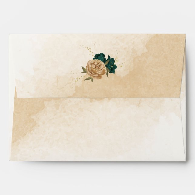 Emerald green beige gold botanical wedding envelope (Back (Top Flap))