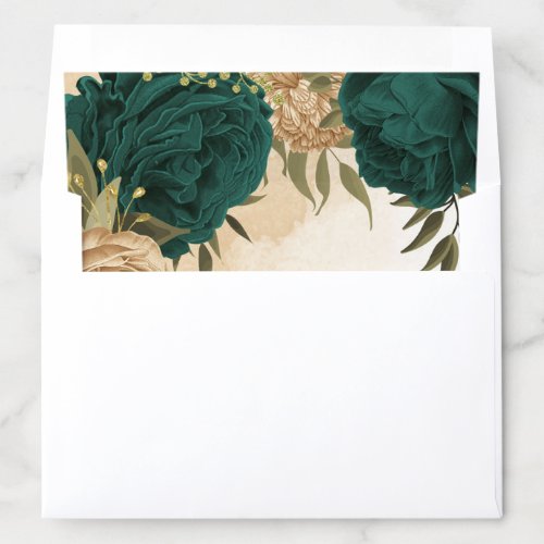 Emerald green beige gold botanical wedding envelope liner
