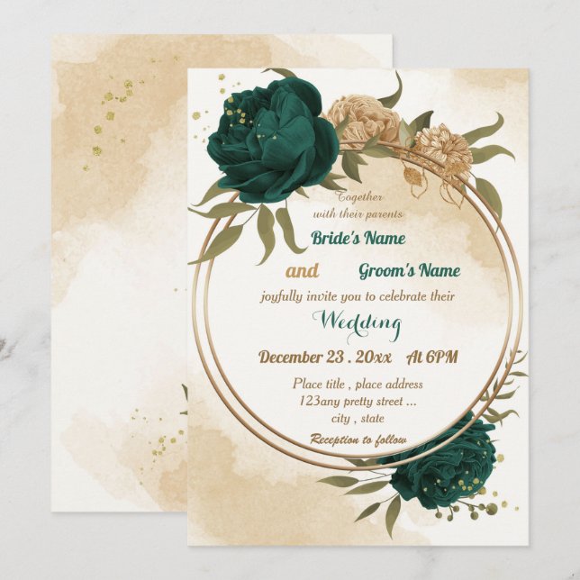 Emerald green beige gold botanical wedding invitation (Front/Back)