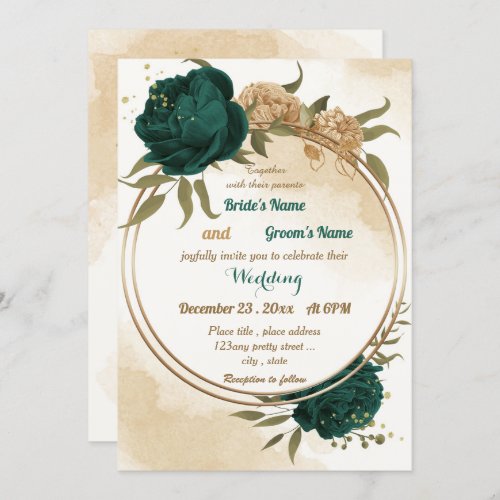 Emerald green beige gold botanical wedding invitation