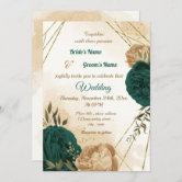Emerald green beige gold botanical wedding invitation
