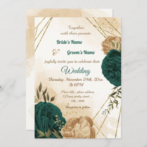 Emerald green beige gold botanical wedding invitation