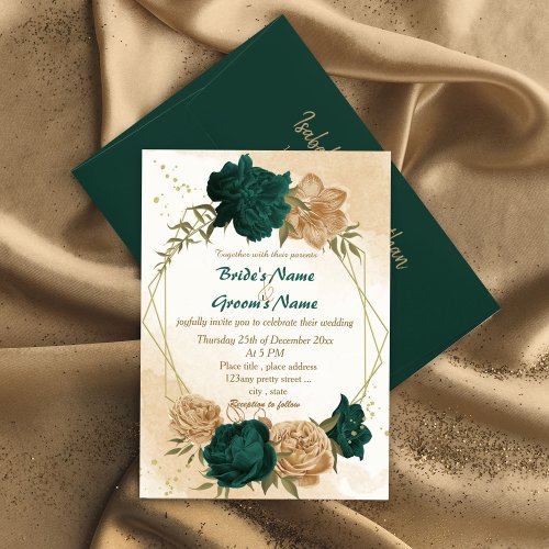 Emerald green beige gold botanical wedding invitation