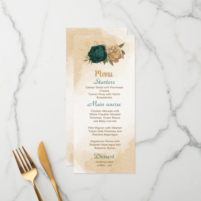 Emerald green beige gold botanical wedding menu (Front/Back In Situ)