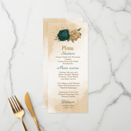 Emerald green beige gold botanical wedding menu