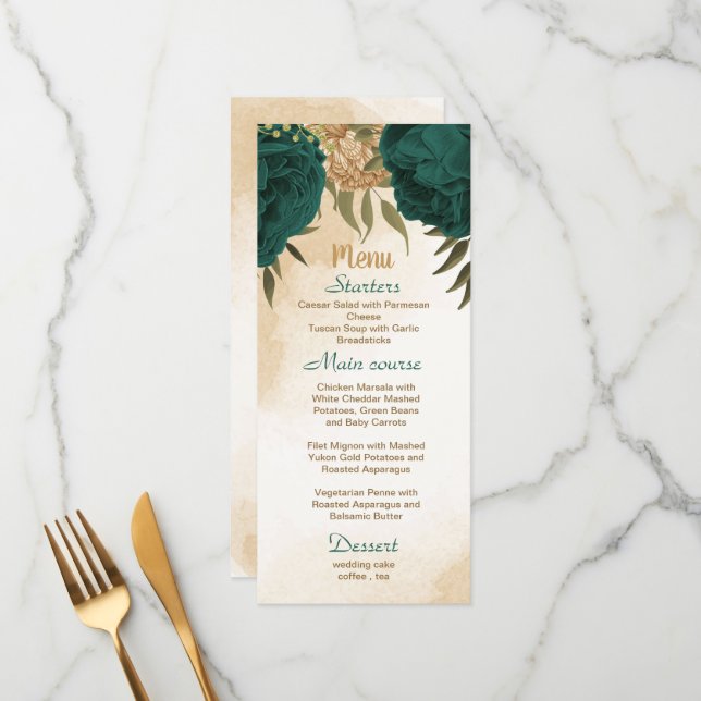 Emerald green beige gold botanical wedding menu (Front/Back In Situ)
