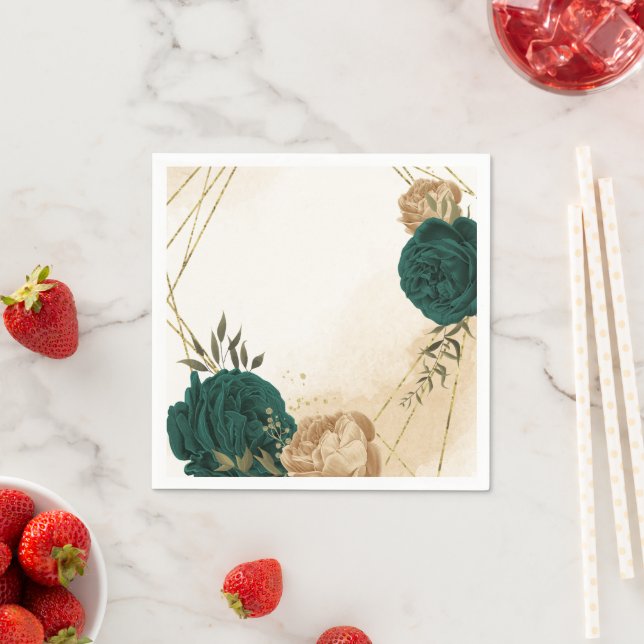 Emerald green beige gold botanical wedding napkins (Insitu)