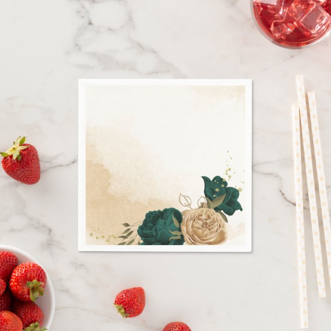Emerald green beige gold botanical wedding napkins (Insitu)