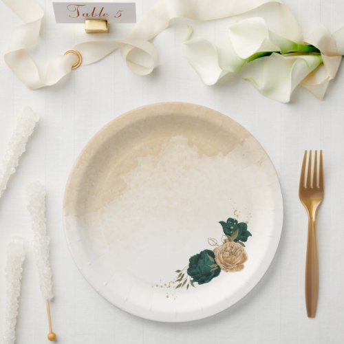 Emerald green beige gold botanical wedding paper plates