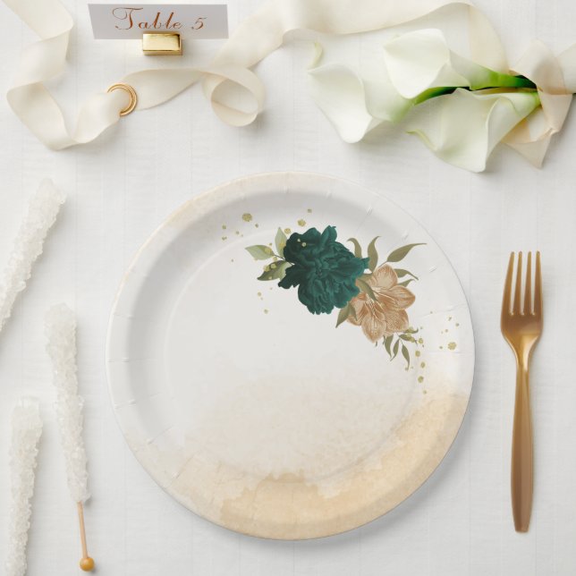 Emerald green beige gold botanical wedding paper plates (Wedding)