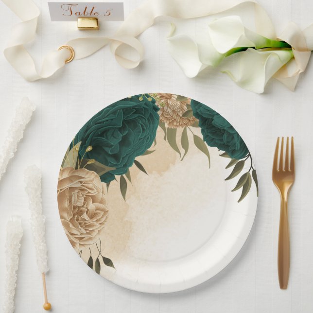 Emerald green beige gold botanical wedding paper plates (Wedding)