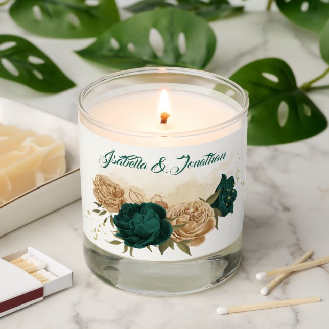 Emerald green beige gold botanical wedding scented candle (Lit)