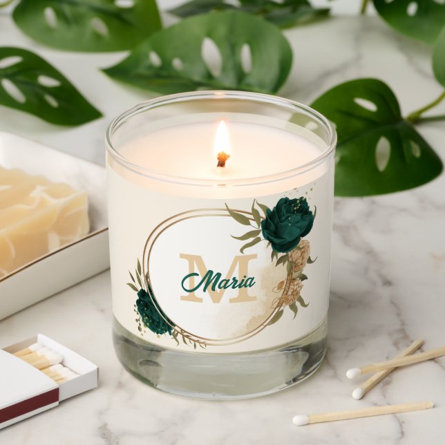 Emerald green beige gold botanical wedding scented candle (Lit)