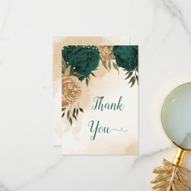 Emerald green beige gold botanical wedding thank you card (Front/Back In Situ)