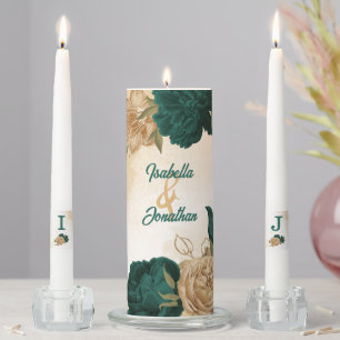 Emerald green beige gold botanical wedding unity candle set