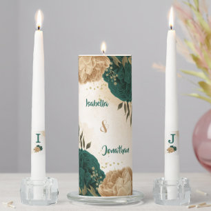 Emerald green beige gold botanical wedding unity candle set