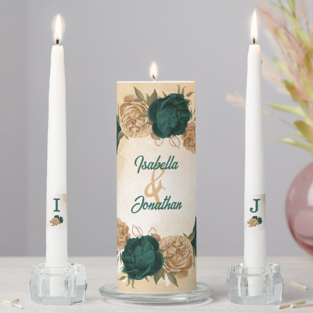 Emerald green beige gold botanical wedding unity candle set (In Situ)