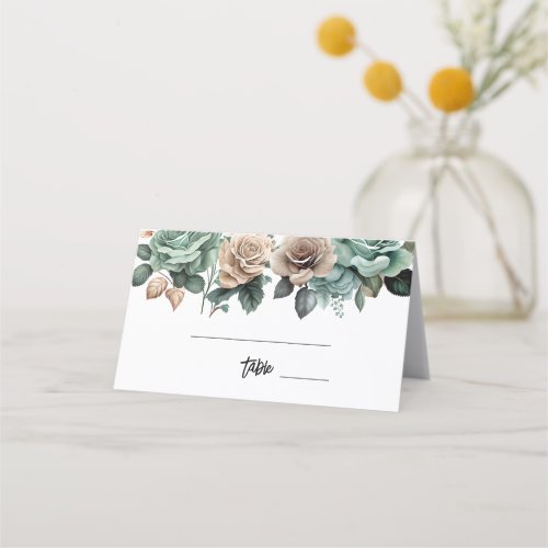 Emerald Green Beige Peony Floral Bridal Shower Place Card