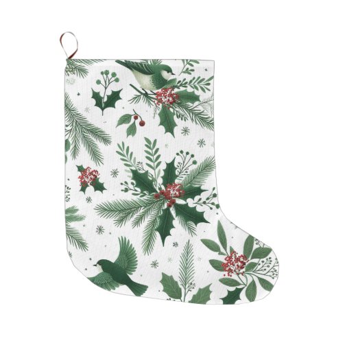 Emerald Green Berries and Birds  Large Christmas Stocking