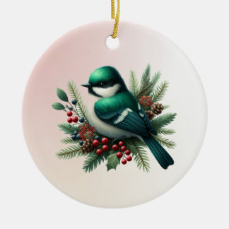 Emerald Green Birds and Boughs Ceramic Ornament