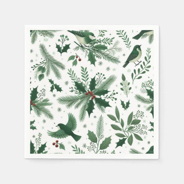 Emerald Green Birds and Boughs Holiday Napkins (Front)