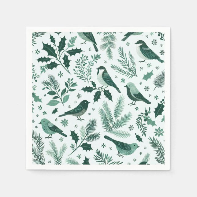Emerald Green Birds and Boughs Holiday Napkins (Front)