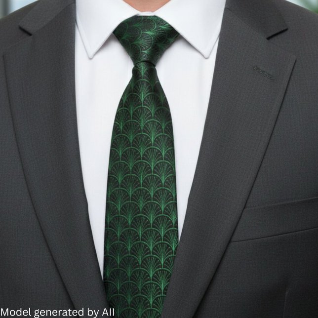 Emerald Green Black Art Deco Pattern Neck Tie (Creator Uploaded)